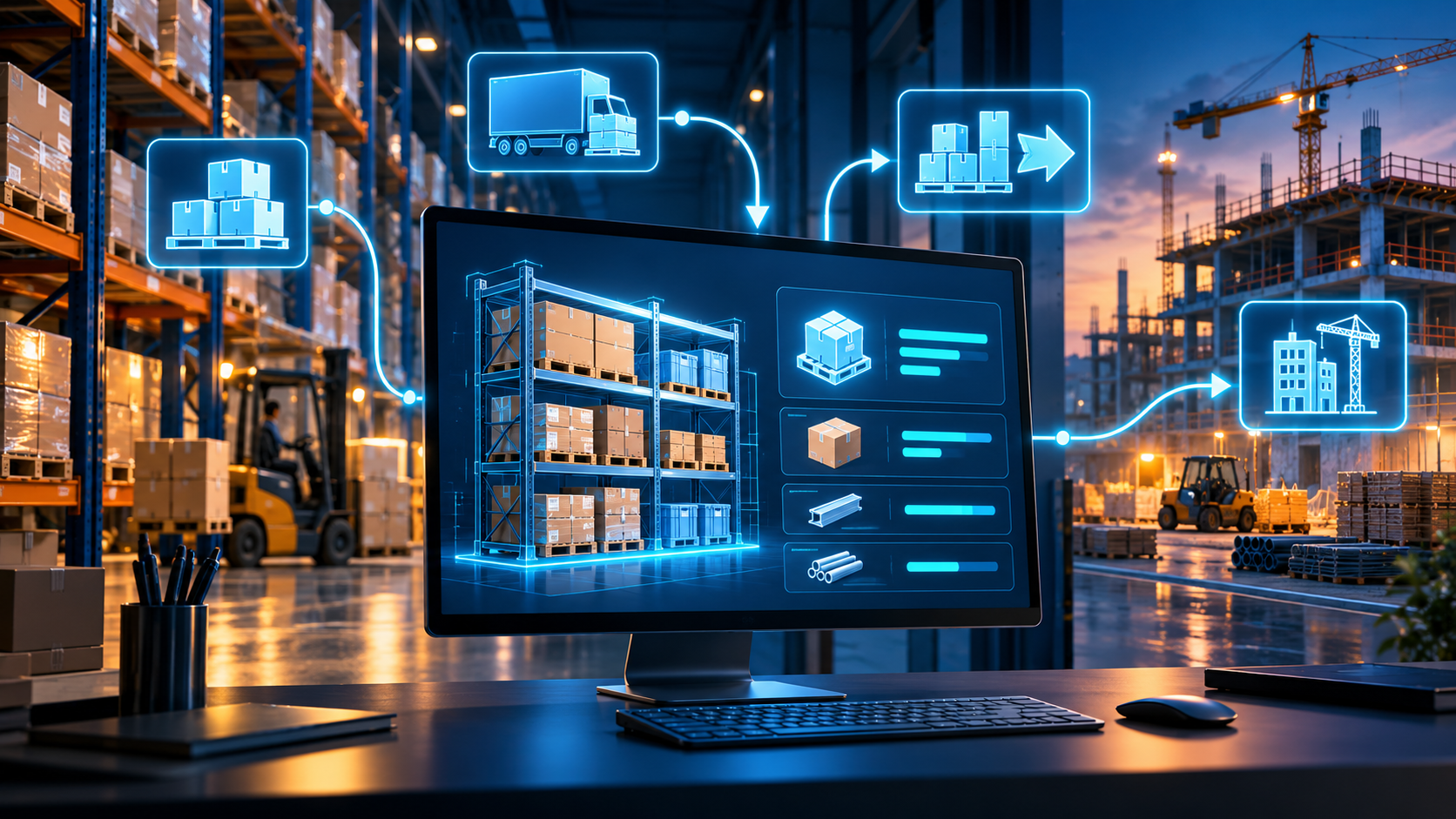 Illustrazione di un magazzino digitale, con scaffali e un computer