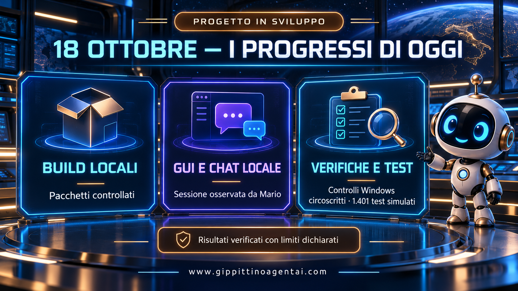 18 ottobre 2026 — Build locali, chat osservata e controlli con limiti dichiarati.